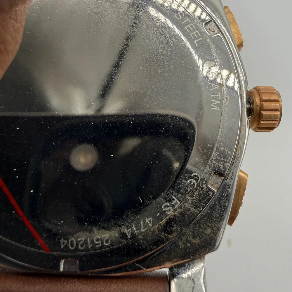 Fossil Watch Men Brown FS-4714 Machine Chronograph Rose Gold Bezel Leather Strap